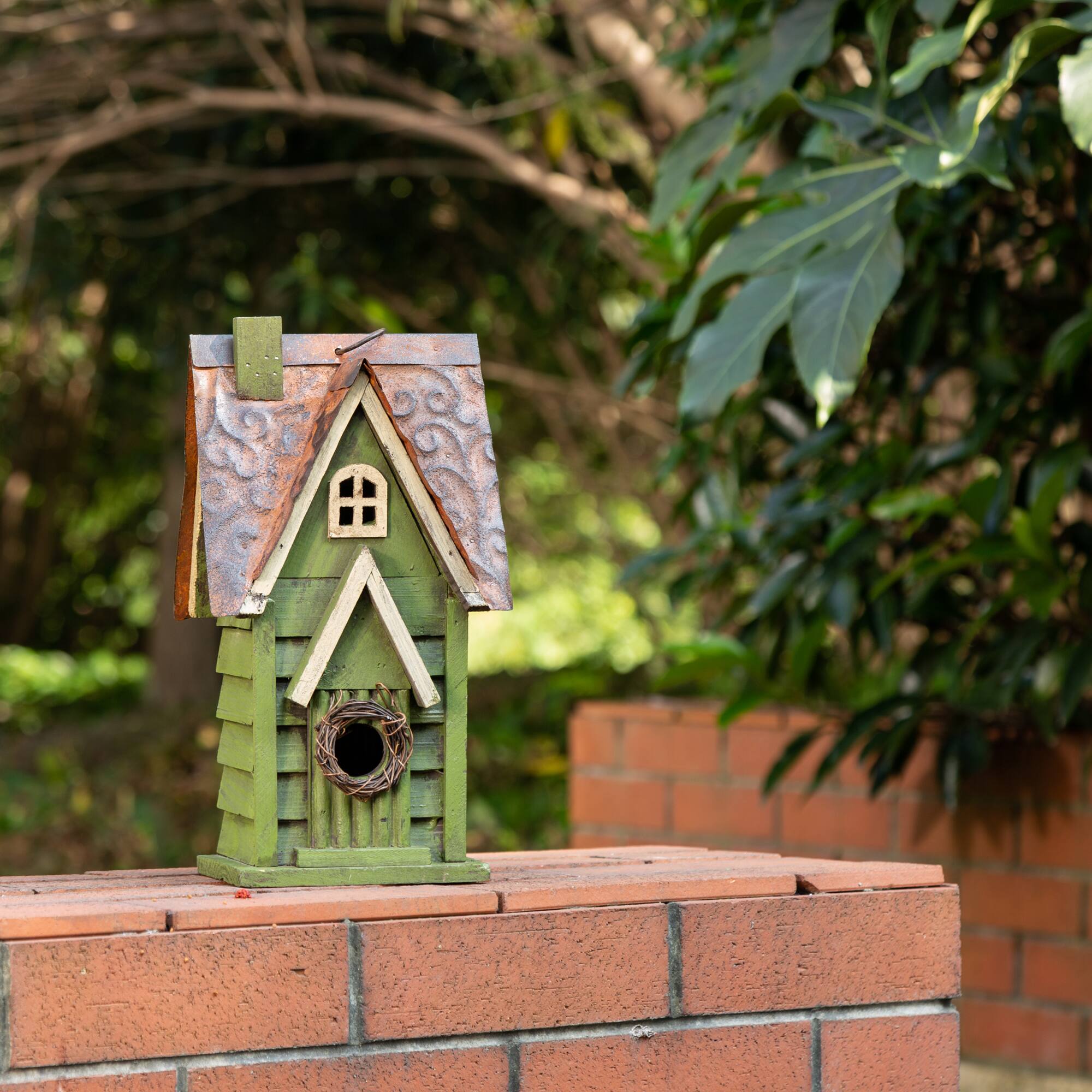 Glitzhome® Tall Distressed Green Wood Bird House